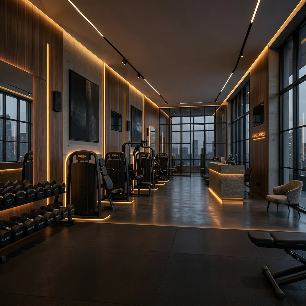 Ultra-premium dark luxury gym interior with high-end designer weight machines and glowing accent lines
