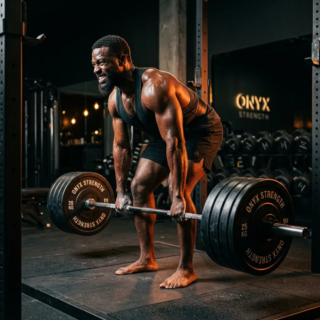 Powerful athlete executing a heavy deadlift under dramatic orange rim lighting in a luxury gym environment